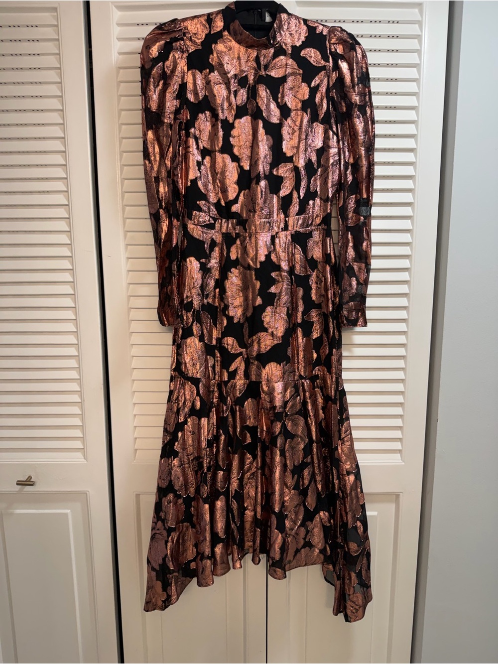 Yumi Kim Metallic Rose And Black  Floral Long Sleeve Midi Dress